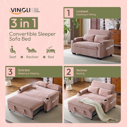 Green Futon Sofa Bed Convertible Loveseat Sleeper Sofa Couch, Corduroy Pullout Sofa Fold Out Couch Bed with USB Ports, Cup Holders, Armrest for Living Room, Bedroom Apartment Room3