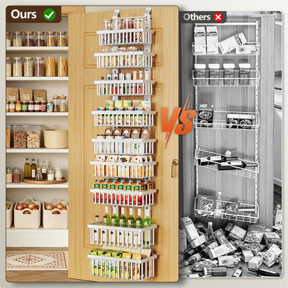 9 Tier Narrow over the Door Pantry Organizer, 2 in 1 Wall Mount or Hanging Spice Rack with Adjustable Deep Basket, Heavy-Duty Seasoning Organizer and Storage for Kitchen Closet Bathroom (White)8