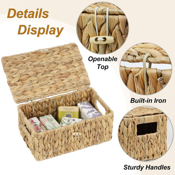 Water Hyacinth Wicker Storage Basket with Lid, Small2