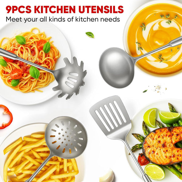 Newness 9 Pcs Cooking Utensils Set, 304 Stainless Steel Kitchen Utensils Set, Metal Kitchen Accessories, Include Soup Ladle, Slotted Skimmer Spoon, Spaghetti Spoon and Spatula, Dishwasher Safe9