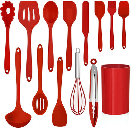 14 Pcs Silicone Cooking Utensils Set with Holder, Red1