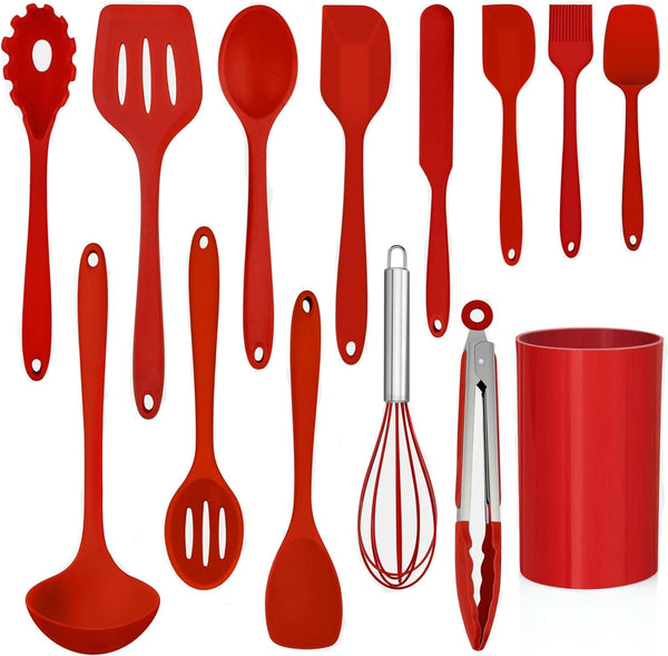 14 Pcs Silicone Cooking Utensils Set with Holder, Red1