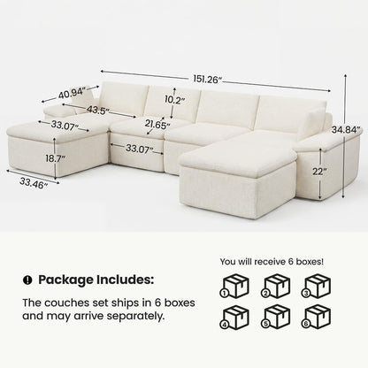 152.64" U Shaped Cloud Couches for Living Room, 6 Seater Large Modular Sectional Sofa with 2 Ottoman,Convertible Couch Deep Seat Sofa with Pillow for Bedroom and Apartment, Beige2