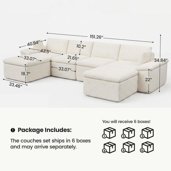 152.64" U Shaped Cloud Couches for Living Room, 6 Seater Large Modular Sectional Sofa with 2 Ottoman,Convertible Couch Deep Seat Sofa with Pillow for Bedroom and Apartment, Beige2