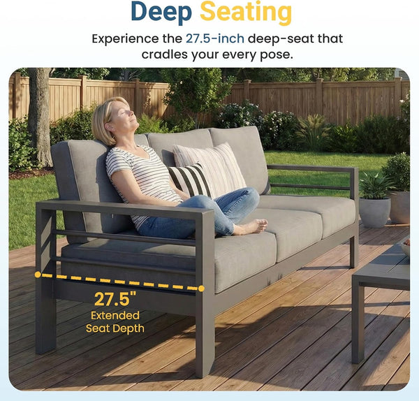 Aluminum Patio Furniture Set for All Weather, Oversized Metal Outdoor Furniture Set with 27.5" Deep Seat and 10" Back Cushion, Patio Conversation Sets with Wide Armrest, Dark Grey5