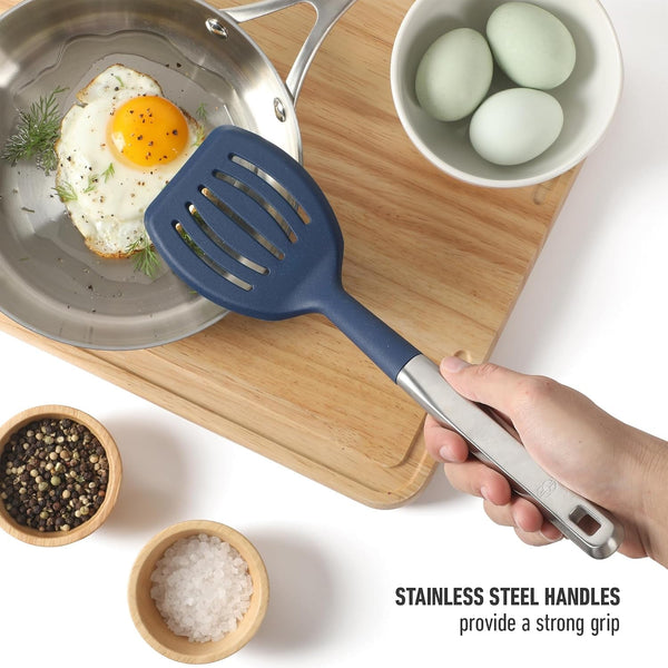 Calphalon Prime 7-Piece Silicone and Teak Wood Kitchen Tool Set, Stainless Steel Kitchen Utensil Set, Kitchen Spoon and Spatula Set, Heat Resistant Non-Slip Kitchen Gadgets Set - Navy Blue4