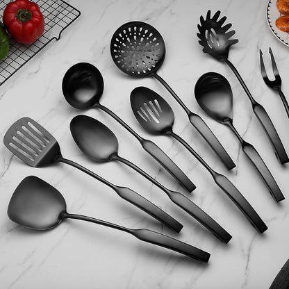 Kitchen Utensil Set, 9-Piece Cooking Utensil Set,Include 304 Stainless Steel Spatula Skimmer, Soup Ladle, Spaghetti Server,Slotted & Solid Spoon, Slotted Spatula Turner, Meat Fork(Black）6
