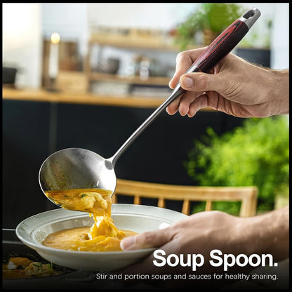 Stainless Steel Cooking Utensils Set with Wooden Handle, 5-Piece Heat Resistant Kitchen Utensil Tool for Cookware Set -Spatula, Turner, Spaghetti Server, Skimmer Spoon, Soup Ladle6