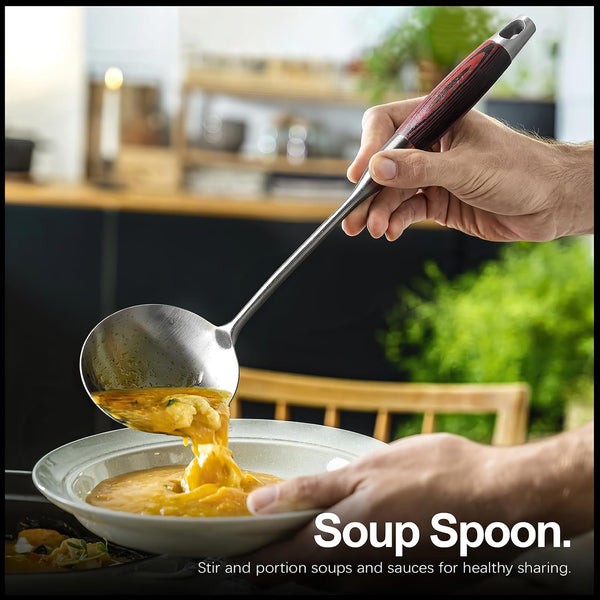 Stainless Steel Cooking Utensils Set with Wooden Handle, 5-Piece Heat Resistant Kitchen Utensil Tool for Cookware Set -Spatula, Turner, Spaghetti Server, Skimmer Spoon, Soup Ladle6