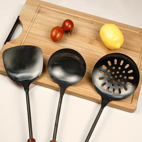 Wok Spatula and Ladle,Skimmer Ladle Tool Set, 17Inches Spatula for Wok, 304 Stainless Steel Wok Spatula,Black6
