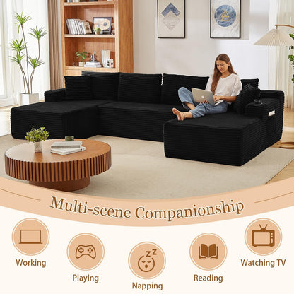 134 Inch Modular Sectional Sleeper Sofa, Boneless Cloud Couch for Living Room, U Shaped 5 Seat Sofa with 2 Storage Pockets& 2 Cup Holders, Free Combination, No Assembly Required (Black)7