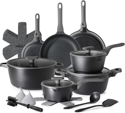 Pots and Pans Set Nonstick, 21Pcs Induction Compatible, Stay Cool Handle, Fully Coated, 100% Dishwasher Safe, PFOA Free Omelet Pans, Warp Resistant (Black Sesame)1