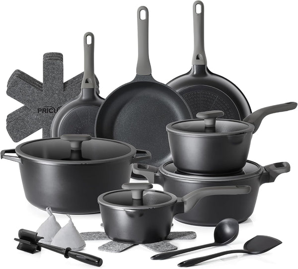 Pots and Pans Set Nonstick, 21Pcs Induction Compatible, Stay Cool Handle, Fully Coated, 100% Dishwasher Safe, PFOA Free Omelet Pans, Warp Resistant (Black Sesame)1