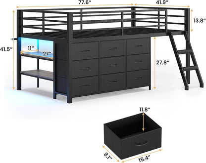 Low Loft Bed Twin Size with 9 Storage Drawers, LED Lights Loft Bed2