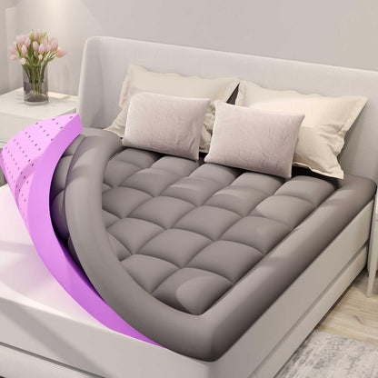 Dual Layer 5 Inch Memory Foam Mattress Topper Queen Size, 2 Inch Gel Memory Foam plus 3 Inch 1450 GSM down Alternative Quilted Pillow Top Mattress Pad Cover,Dark Gray1