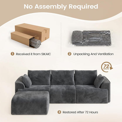108" Cloud Couch Sectional for Living Room, L Shaped Convertible Sofa Set with 2 Pillows and 3 Cushions Back, Corduroy Modular Boneless Couch with Ottoman, Dark Grey3