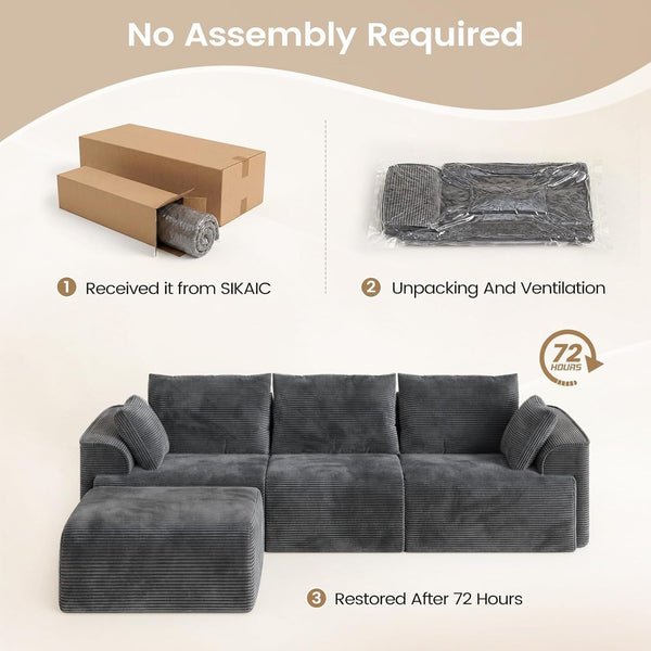 108" Cloud Couch Sectional for Living Room, L Shaped Convertible Sofa Set with 2 Pillows and 3 Cushions Back, Corduroy Modular Boneless Couch with Ottoman, Dark Grey3