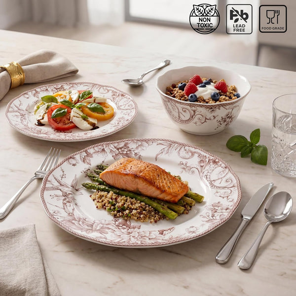 Adelaide Brown on White 12-Piece Dinnerware Set – Service for 4, Big Dinner Plates and Bowls Sets,Durable Porcelain, Microwave and Dishwasher Safe, for Everyday Dining & Entertainment6