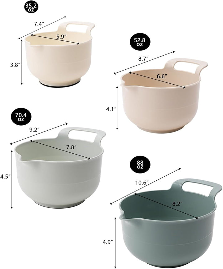 Mixing Bowls - 4 Piece Nesting Plastic Mixing Bowl Set with Pour Spouts and Handles - Non Slip Bottom and Measurement Markings (Light Green)+2