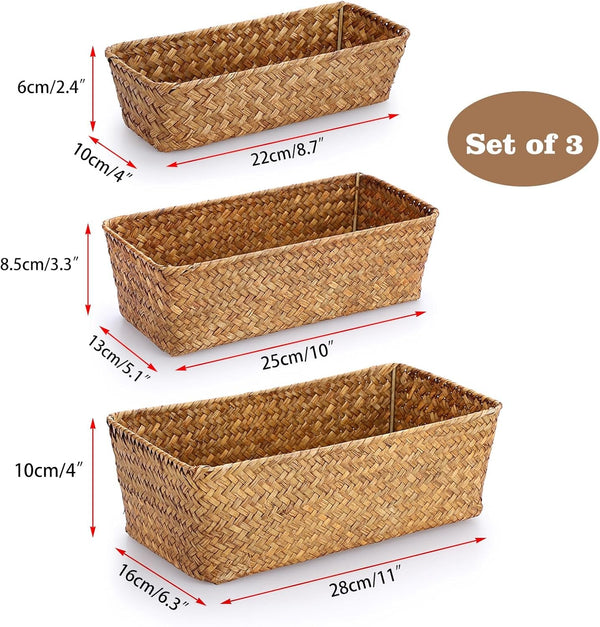 3 Natural Wicker Basket Set Rectangular Seagrass Basket, Caramel2
