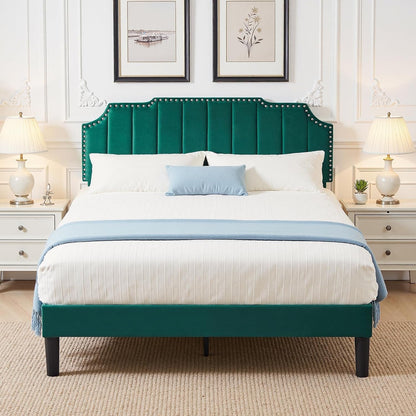 Full Size Velvet Upholstered Platform Bed Frame with Nailhead Trim,Tufted Height Adjustable Headboard,Full Bed with Wooden Slats/Mattress Foundatio/No Box Spring Needed/Under Bed Storage3