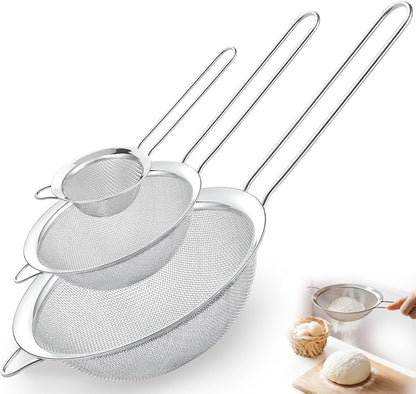 Fine Mesh Strainer Set of 3, Stainless Steel Sieve Sifters with Handle, Medium Small Mini Size, Kitchen Strainers Colander Set for Sifting, Straining & Cooking(2.2"/3.9"/5.5")1