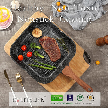 Nonstick Grill Pan for Stove Tops, Versatile Griddle with Pour Spouts, 9.5 Inch Square Big Grilling Skillet Steak Pan for Indoor & Outdoor Cooking, PTFE & PFOA Free, Black3