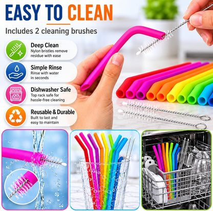Reusable Silicone Straws for Tumblers, Smoothies & Kids Drinks – 15 Pack Flexible Bpa-Free Drinking Straws with 2 Cleaning Brushes – Soft on Teeth & Lips – Fits 20Oz & 30Oz Tumblers8