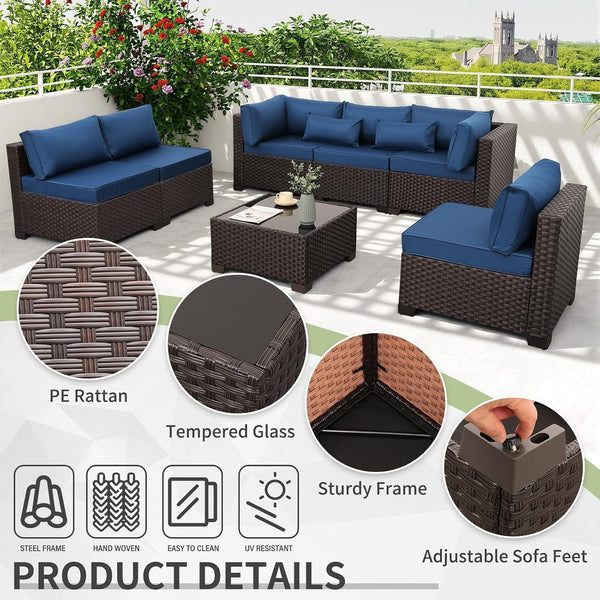 Outdoor Patio Furniture Set 7 Pieces Wicker Sectional Sofa Brown Rattan Conversation Couch with Coffee Table, Anti-Slip Thick Nave Blue Cushion4