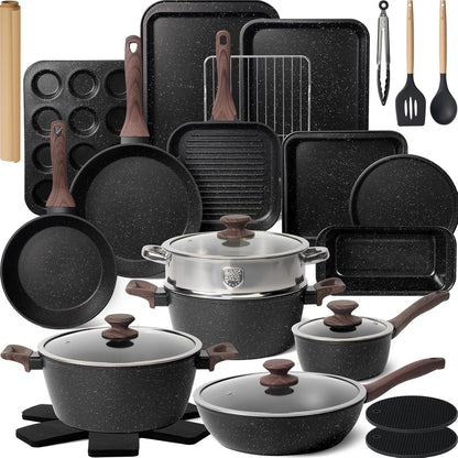 Pots and Pans Set Non Stick 31 Piece Kitchen Nonstick Cooking Cookware Sets with Grill Pan Saucepan Baking Sheet Utensil, Black1