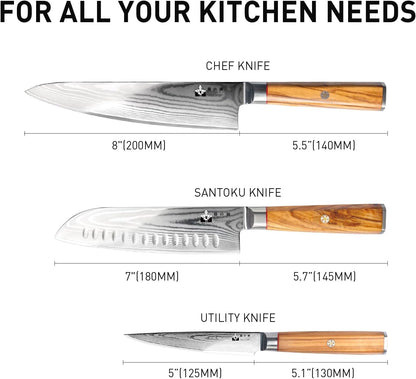 Damascus Kitchen Knife Set, Professional Chef Knife Set 67-Layer Damascus VG10 Steel, Olive Wood Handle with Gift Box, 3 Pieces7