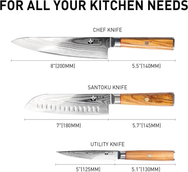 Damascus Kitchen Knife Set, Professional Chef Knife Set 67-Layer Damascus VG10 Steel, Olive Wood Handle with Gift Box, 3 Pieces7