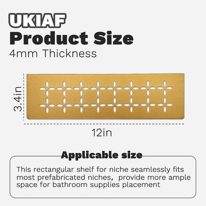 12 Inch Frosted Golden Aluminum Material Shower Niche Shelf Rectangular Bathroom Niche Shelf with Floral Design Fits Prefabricated Tile Niches 1 Pack2
