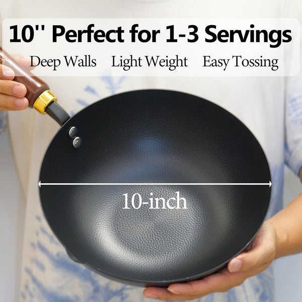 10 Inch Carbon Steel Wok for Electric, Induction and Gas Stoves (Lid and User Guide Video Included)3