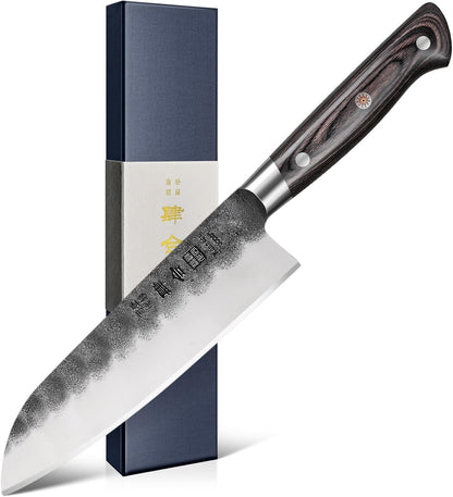 7 Inch Santoku Knife, Black Forged Japanese Chef Knife with AUS-8 Alloy Steel, Japanese Santoku Knife with Full Tang Pakkawood Handle, Christmas Gift with Premium Box (7 Inch Santoku Knife)1
