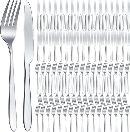 100 Pcs Stainless Steel Forks and Knives, Silver 8.4" 7.1" | Classic Dinner Flatware, Dishwasher Safe for Kitchen Restaurant, Butter Knife Silverware, Durable Tableware Set1