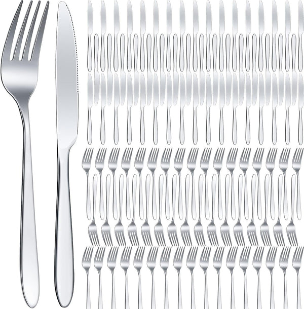 100 Pcs Stainless Steel Forks and Knives, Silver 8.4" 7.1" | Classic Dinner Flatware, Dishwasher Safe for Kitchen Restaurant, Butter Knife Silverware, Durable Tableware Set1