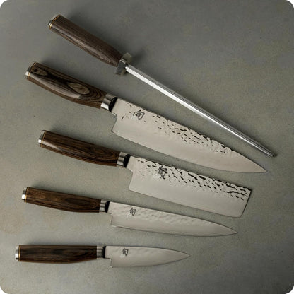 Shun Premier 6 Piece Block Set | Includes 8" Chef, 4" Paring, 5.5" Nakiri, 6.5" Utility Knives, Honing Steel & 8-Slot Angled Knife Block, Pakkawood Handle3