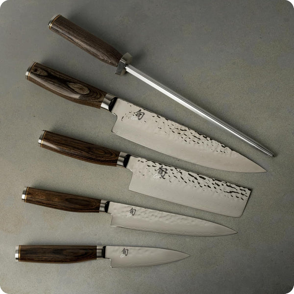 Shun Premier 6 Piece Block Set | Includes 8" Chef, 4" Paring, 5.5" Nakiri, 6.5" Utility Knives, Honing Steel & 8-Slot Angled Knife Block, Pakkawood Handle3