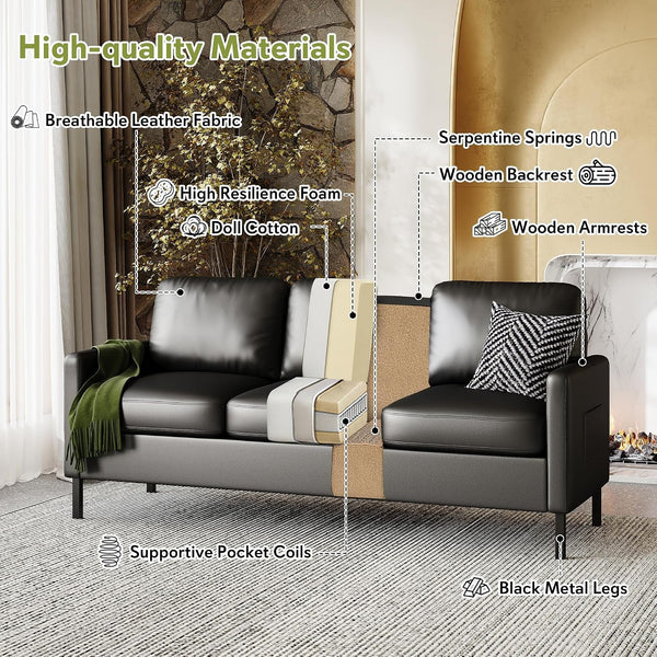 72'' Black Faux Leather 3-Seater Couch with USB, Small Sofa for Living Room8