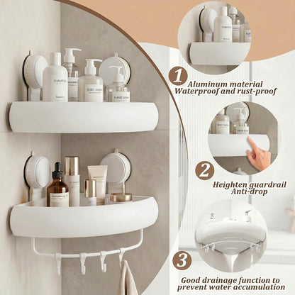 Shower Caddy Suction Cup（2-Pack Cream White）, No-Drilling Corner Bathroom Organizer,Rust Proof Shower Shelf for inside Shower with Removable Hooks & Towel Bar3