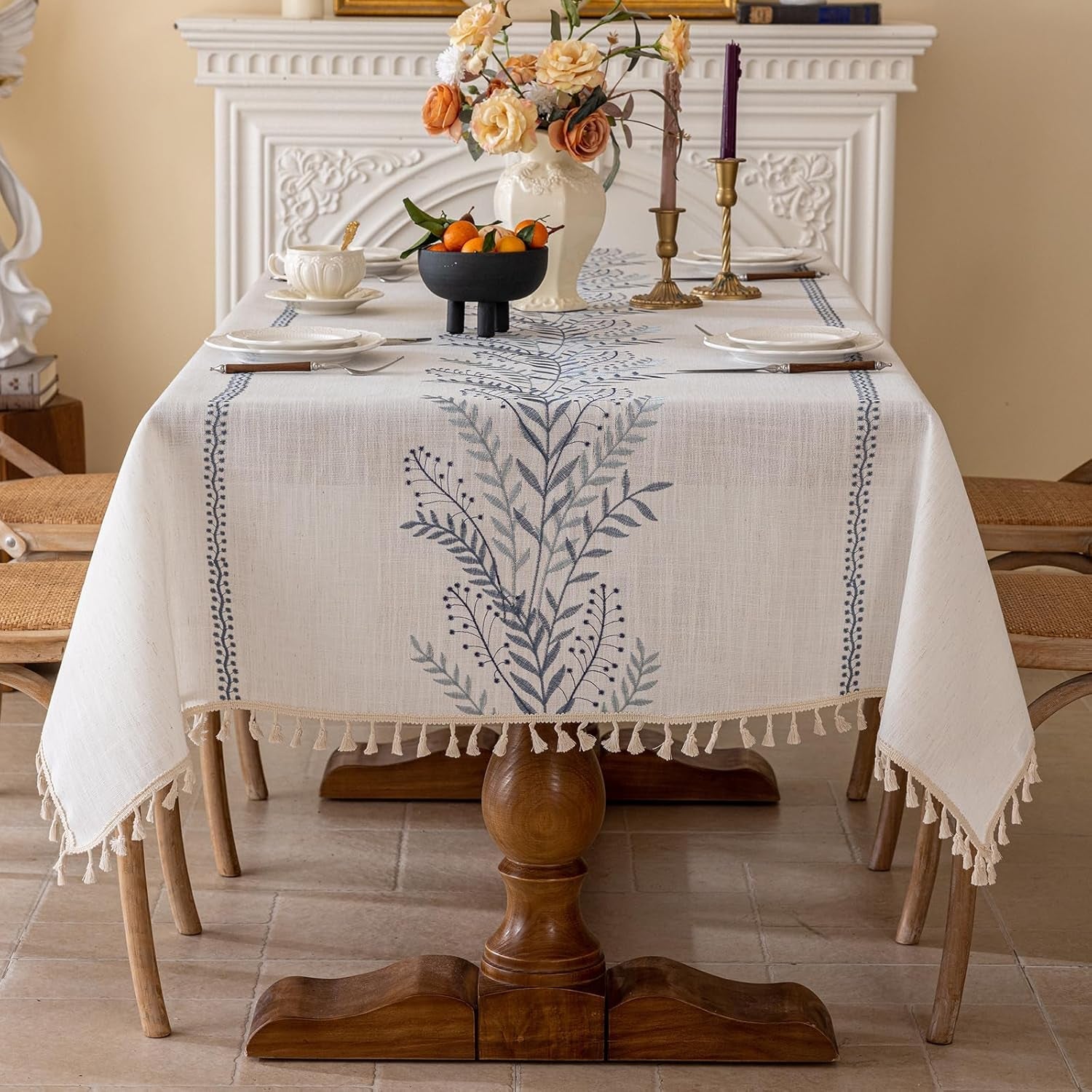 rustic-waterproof-linen-tablecloth-heavy-weight-fern-embroidery-table-cloths-for-rectangle-tables-farmhouse-spill-proof-table-covers-with-tassels-blue-55x-120