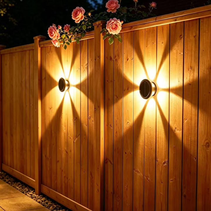 2 Pack 12 LED Solar Fence Lights，Wall Lamp with Floral Theme,Solar Wall Lights Outdoor Waterproof for Fence, Garden, Courtyard, Balcony, Terrace, Porch.