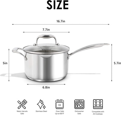 3.7 Quart Stainless Steel Induction Sauce Pan with Lid | Stainless Steel Pot Saucepan with Pour Spout & Glass Lid with Strainer2