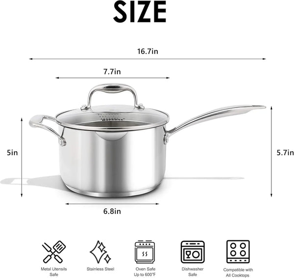 3.7 Quart Stainless Steel Induction Sauce Pan with Lid | Stainless Steel Pot Saucepan with Pour Spout & Glass Lid with Strainer2