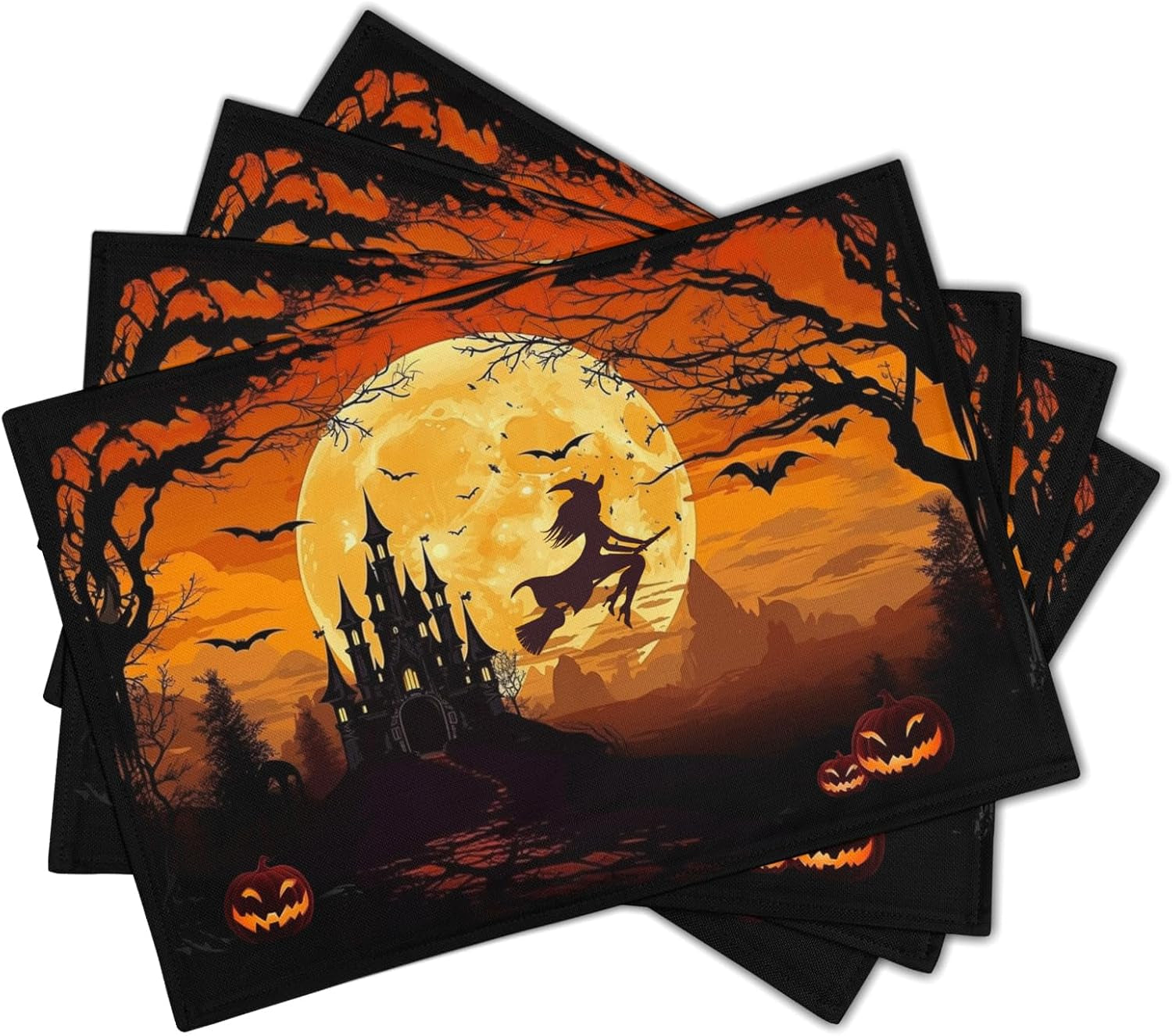 halloween-placemats-set-of-4-18x12-inch-spooky-witch-bat-castle-pumpkin-linen-place-mats-heat-resistant-washable-wipeable-fall-holiday-table-mats-for-party-kitchen-dining-room-dinner-table-decor