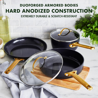 5 Piece Set Cookware Pots and Pans Set, Ceramic Nonstick Pfas-Free, Hard Anodized, Frypan Saucepan Saute Pan with Lids, Gold-Tone Stainless Steel Handles, Dishwasher Safe, Black3