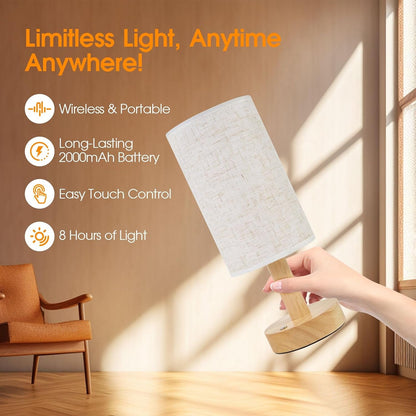Small Cordless Touch Bedside Table Lamps Set of 2,Minimalist Dimmable Battery-Powered Desk Lamps with round Fabric Linen Shade,Mini Nightstand Warm Night Lights for Bedroom,Home,Living Room,Office4