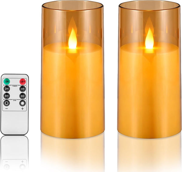 Flameless Candles with Remote, Set of 2 LED Pillar Candles (3" D X 6" H), Realistic Climbing Flame Battery Powered Candles for Home Wedding Christmas (Amber Ivory)1