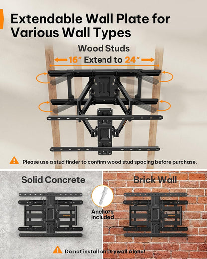 Ultra Slim TV Wall Mount 1.1" Low Profile for 42-90" Tvs, Fits 16"/24" Studs, Full Motion TV Mount Wall Bracket with Dual Articulating Arms, Swivel, Tilt, Max VESA 600X400Mm, Holds 132Lbs3
